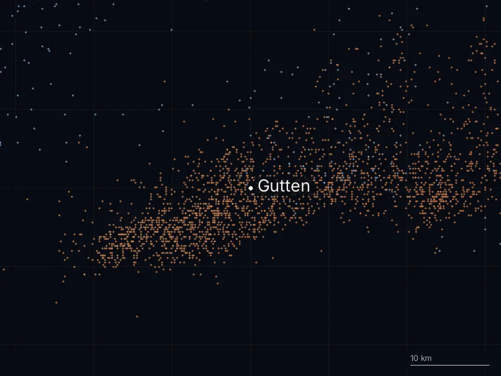 Karte der Blitze bei Gutten am Donnerstag, 6. August 2026
