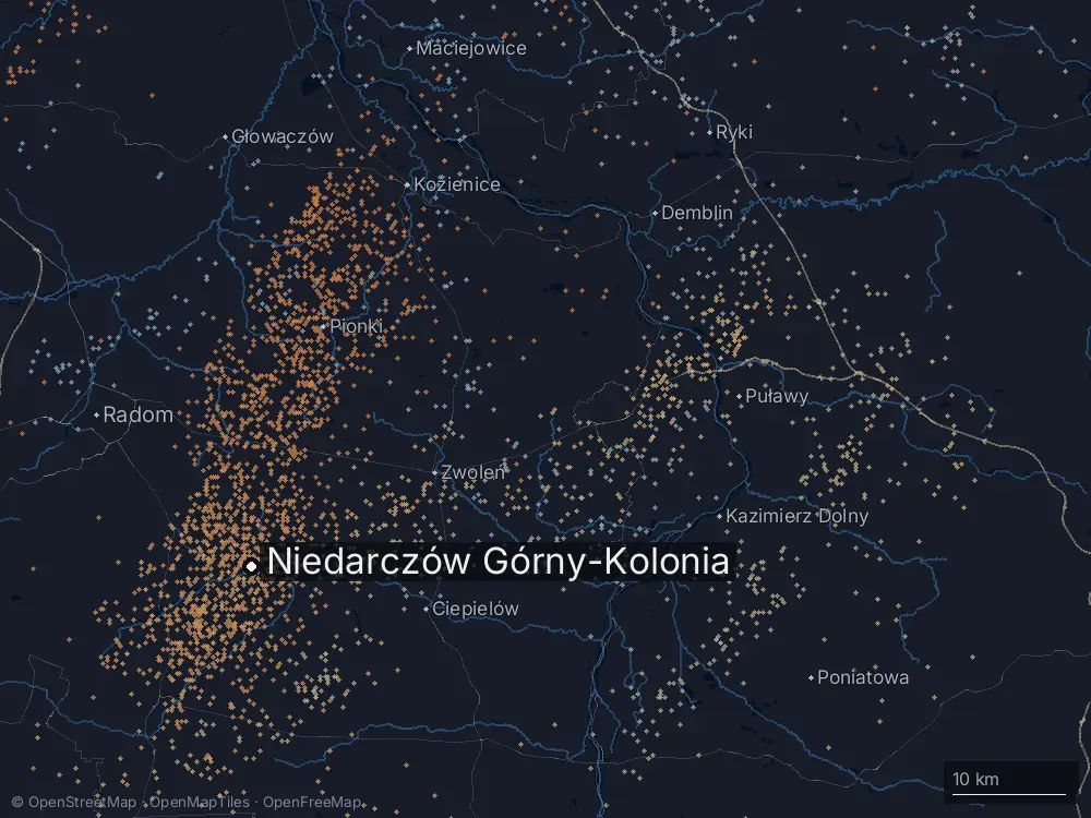 Karte der Blitze bei Niedarczów Górny-Kolonia am Donnerstag, 6. August 2026