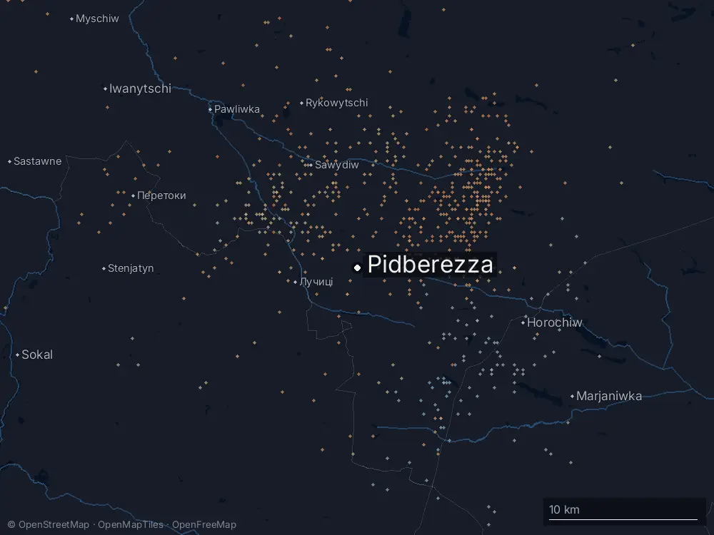 Karte der Blitze bei Pidberezza am Donnerstag, 6. August 2026