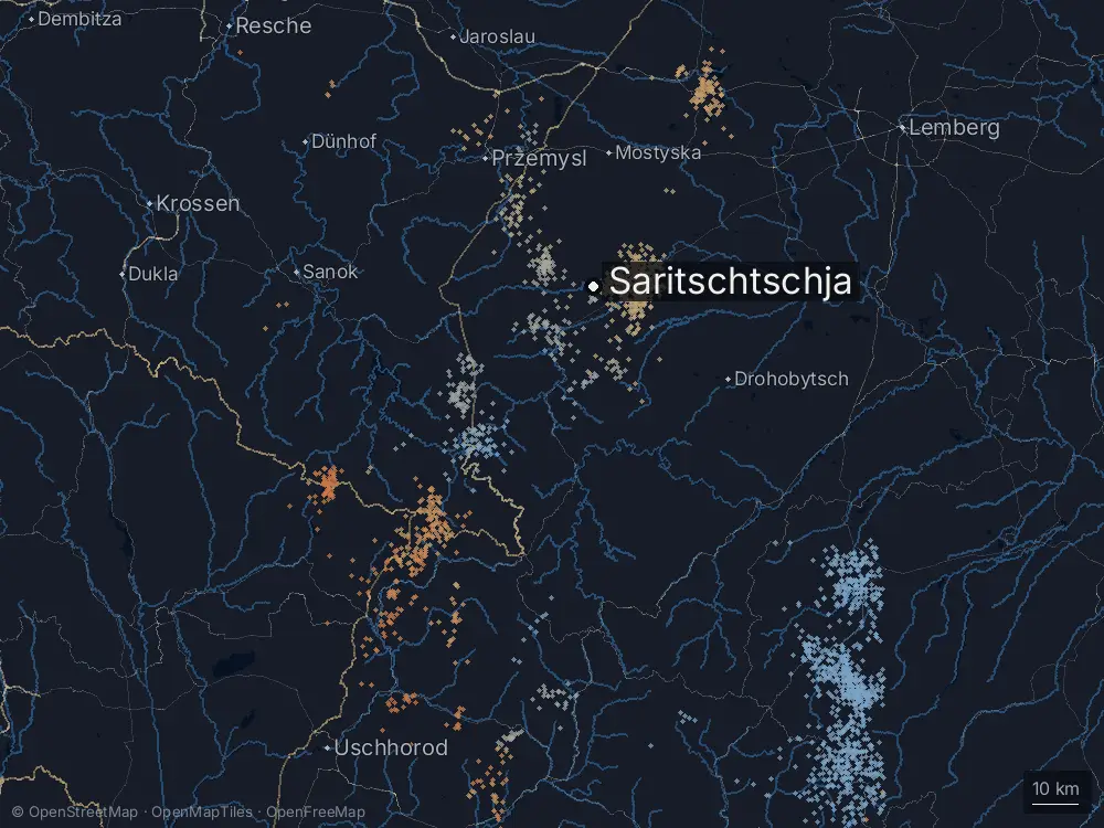 Karte der Blitze bei Saritschtschja am Donnerstag, 6. August 2026