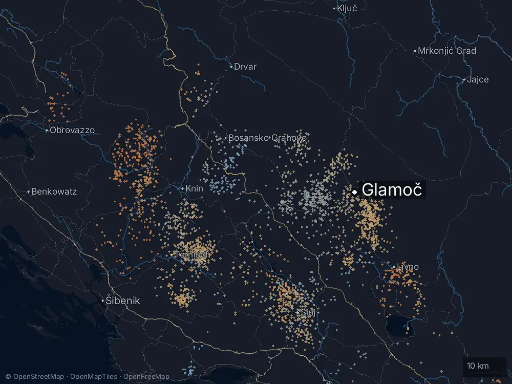 Karte der Blitze bei Glamoč am Freitag, 7. August 2026