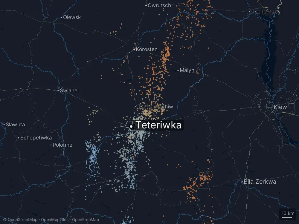 Karte der Blitze bei Teteriwka am Freitag, 7. August 2026