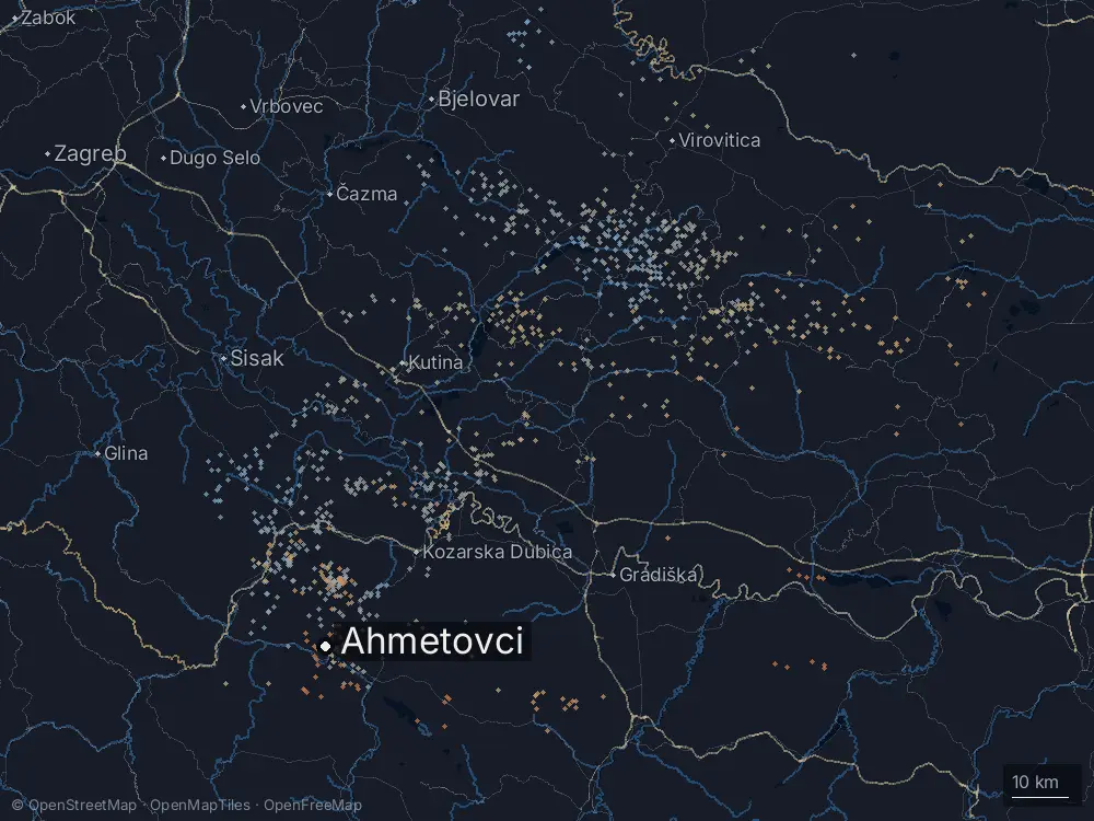 Karte der Blitze bei Ahmetovci am Samstag, 8. August 2026