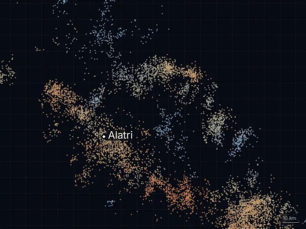 Karte der Blitze bei Alatri am Samstag, 8. August 2026