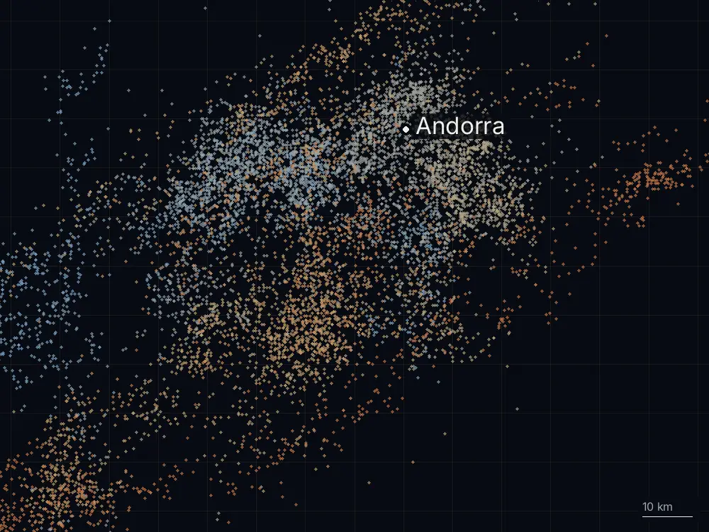 Karte der Blitze bei Andorra am Samstag, 8. August 2026