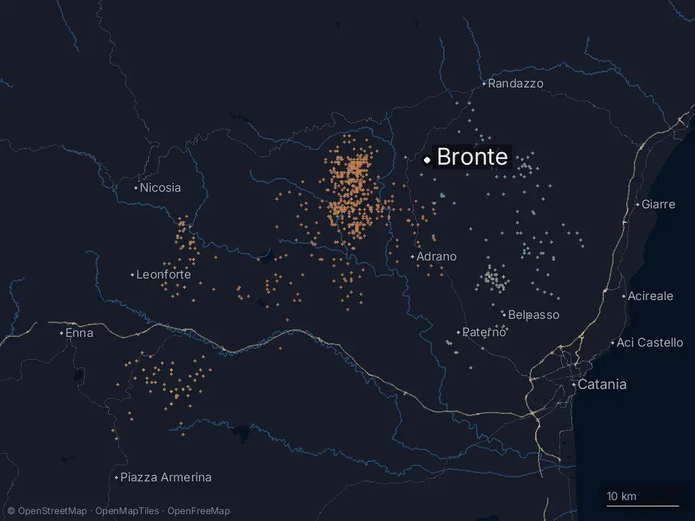 Karte der Blitze bei Bronte am Samstag, 8. August 2026