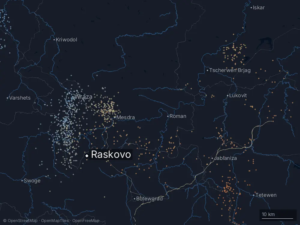 Karte der Blitze bei Raskovo am Samstag, 8. August 2026