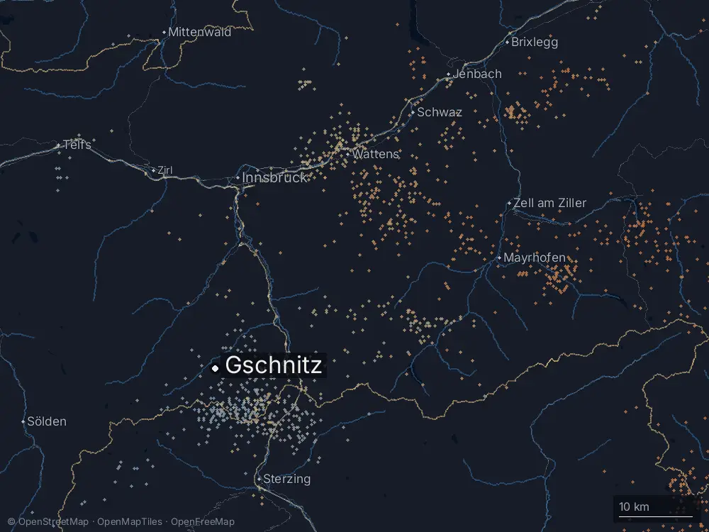 Karte der Blitze bei Gschnitz am Sonntag, 9. August 2026