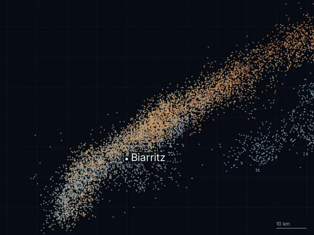 Karte der Blitze bei Biarritz am Montag, 10. August 2026