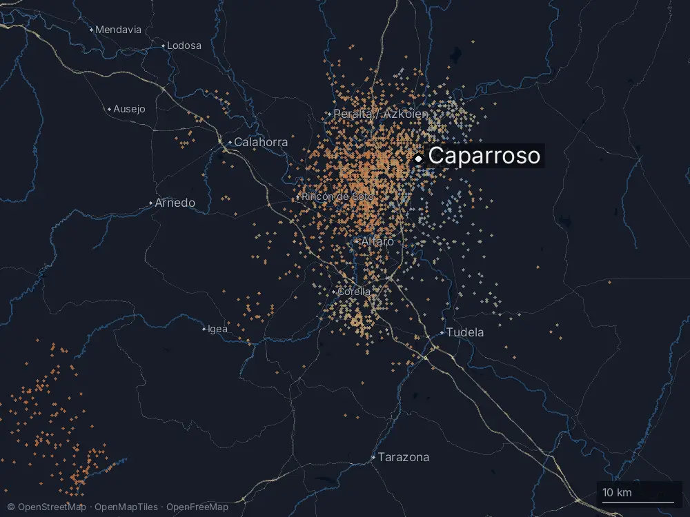 Karte der Blitze bei Caparroso am Montag, 10. August 2026