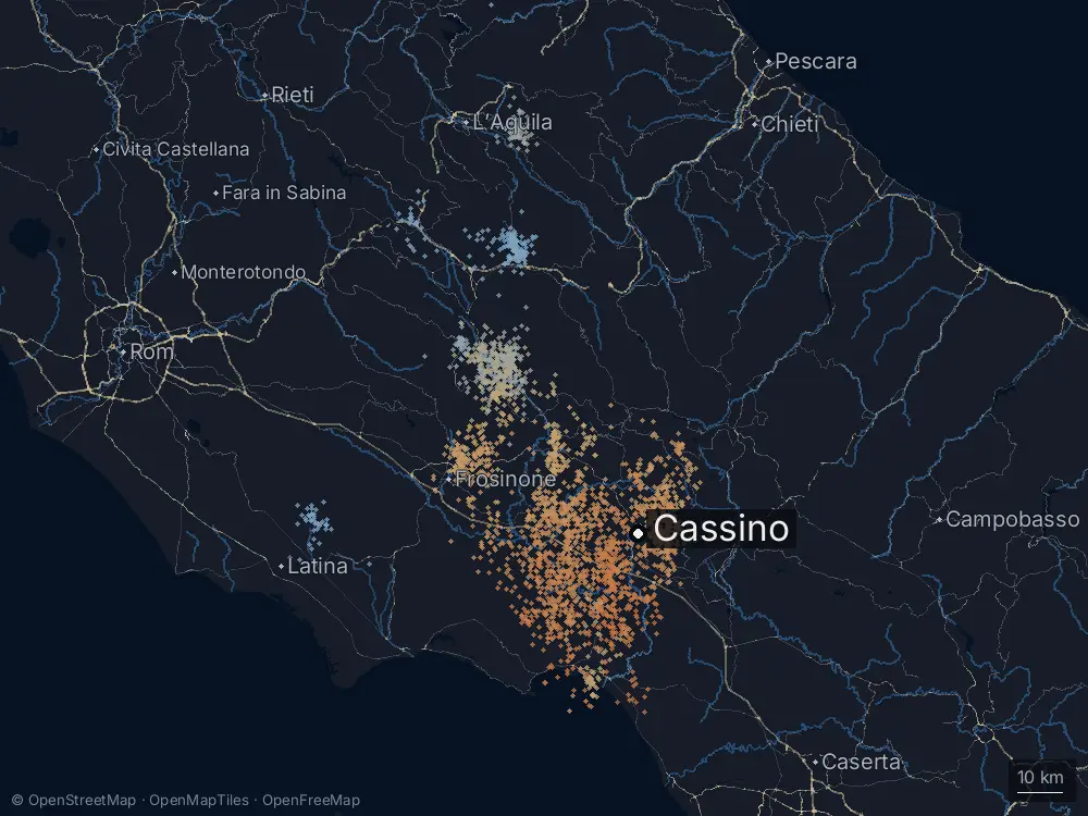 Karte der Blitze bei Cassino am Montag, 10. August 2026