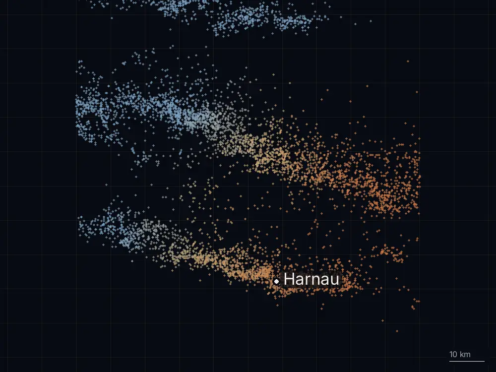 Karte der Blitze bei Harnau am Montag, 10. August 2026