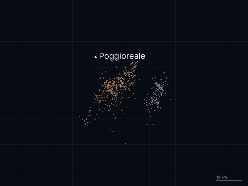 Karte der Blitze bei Poggioreale am Montag, 10. August 2026