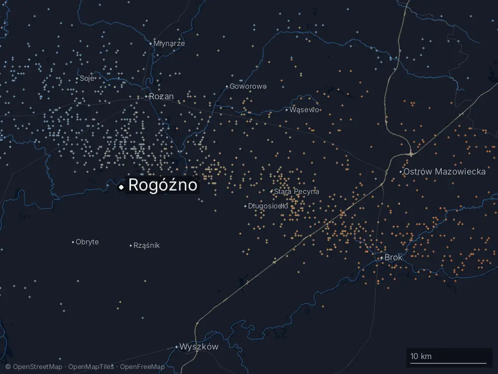 Karte der Blitze bei Rogóźno am Montag, 10. August 2026