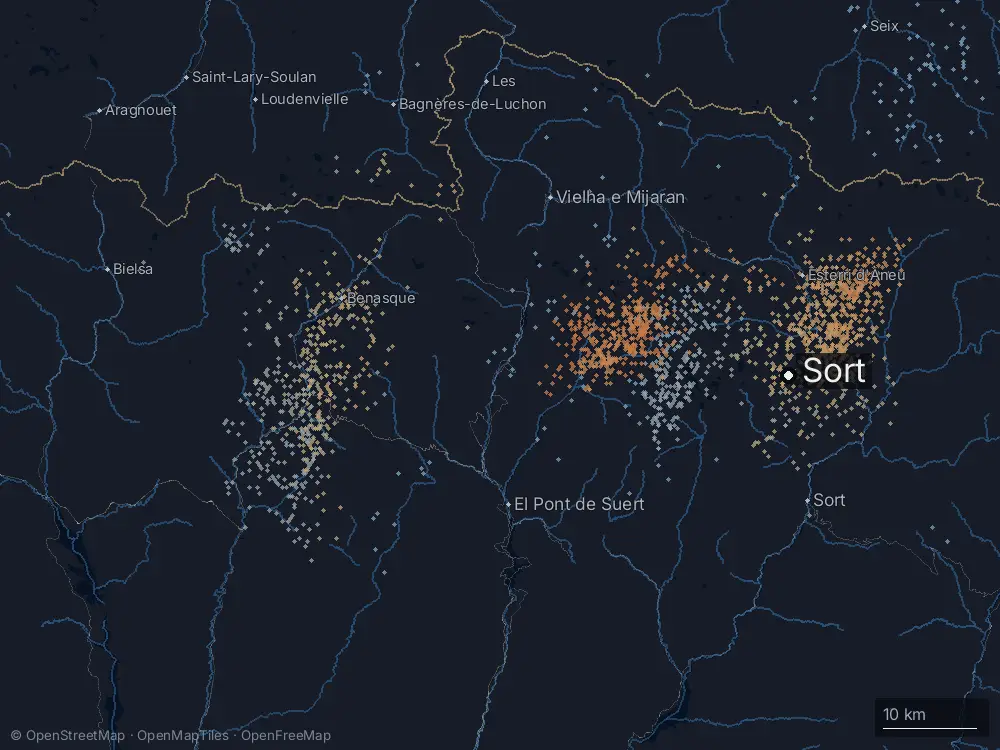 Karte der Blitze bei Sort am Montag, 10. August 2026