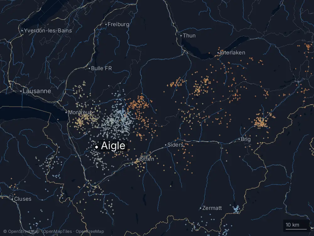 Karte der Blitze bei Aigle am Dienstag, 11. August 2026