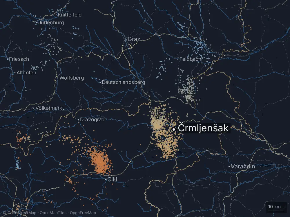 Karte der Blitze bei Črmljenšak am Dienstag, 11. August 2026
