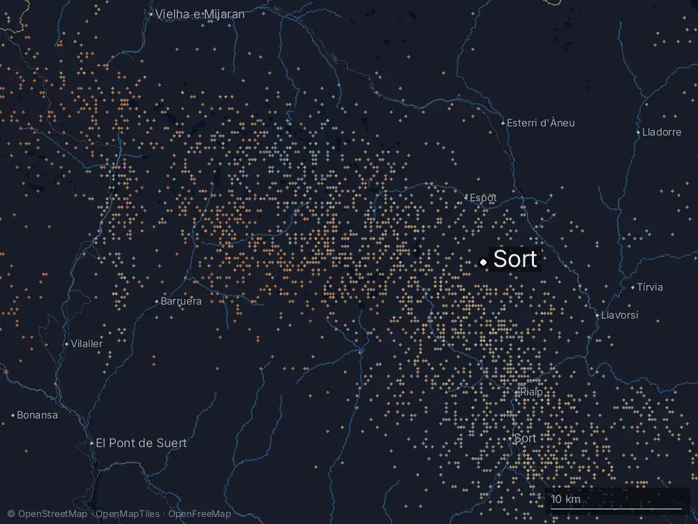 Karte der Blitze bei Sort am Dienstag, 11. August 2026