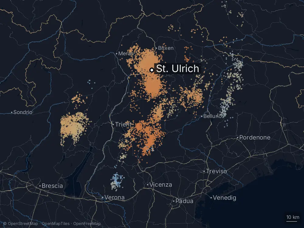 Karte der Blitze bei St. Ulrich am Dienstag, 11. August 2026