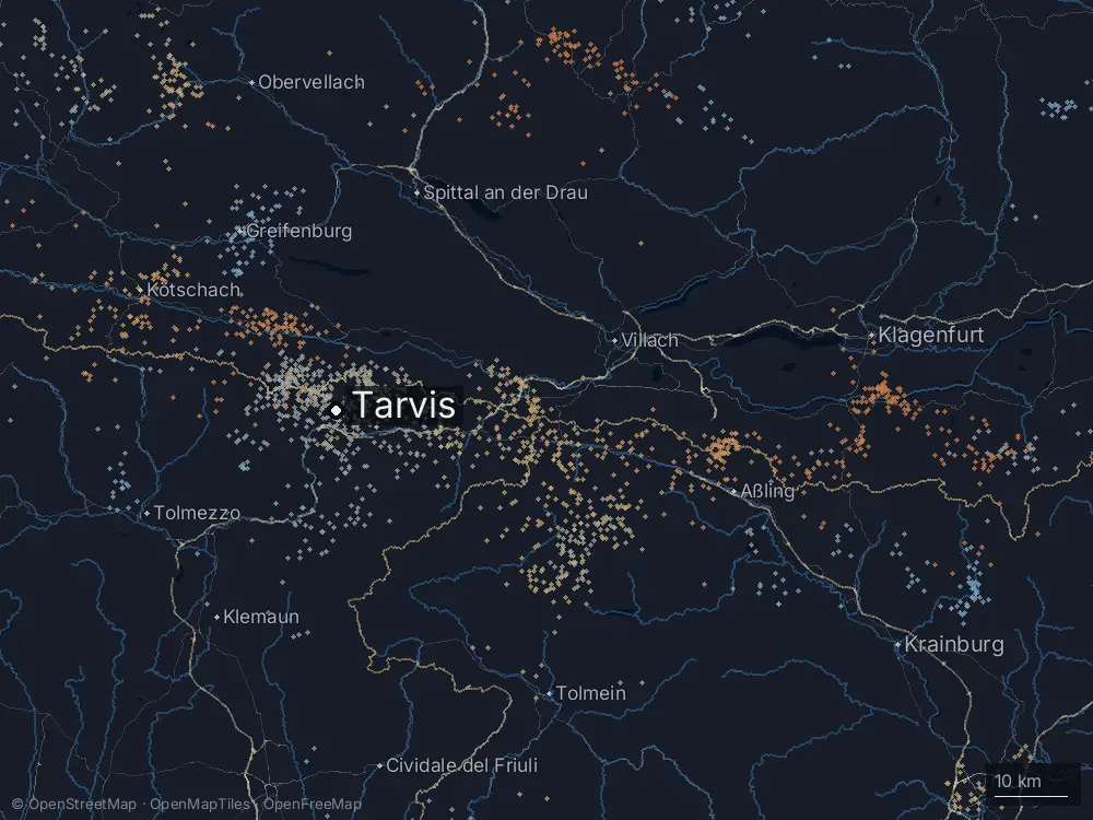 Karte der Blitze bei Tarvis am Dienstag, 11. August 2026