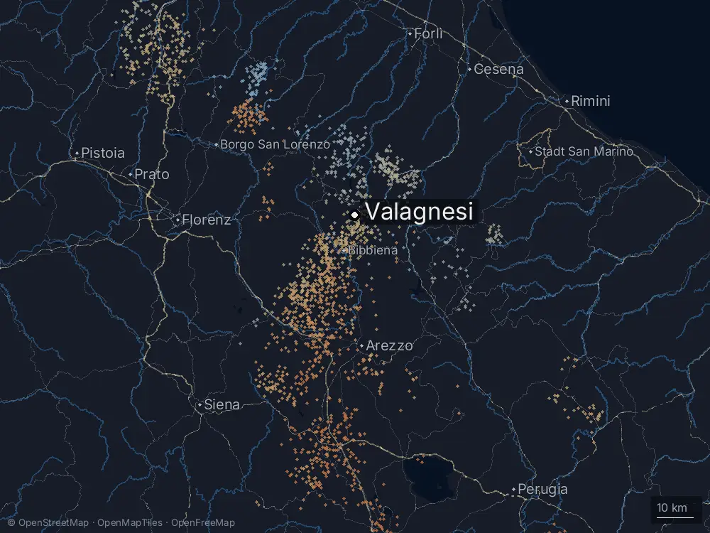 Karte der Blitze bei Valagnesi am Dienstag, 11. August 2026
