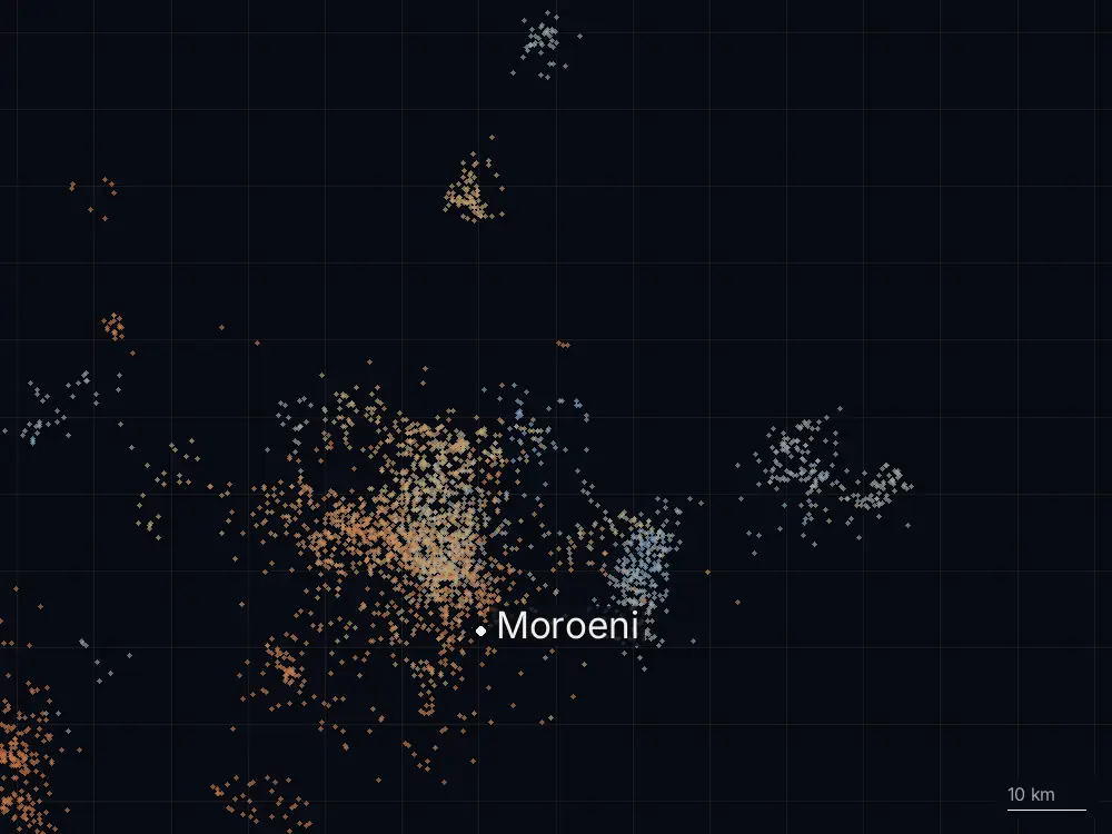 Karte der Blitze bei Moroeni am Mittwoch, 12. August 2026