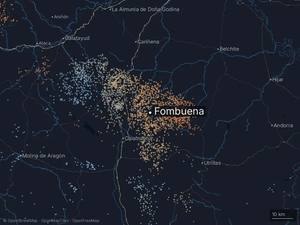 Karte der Blitze bei Fombuena am Donnerstag, 13. August 2026