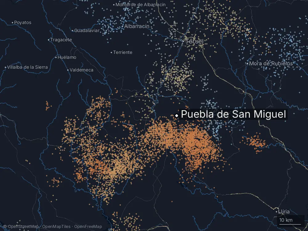 Karte der Blitze bei Puebla de San Miguel am Donnerstag, 13. August 2026