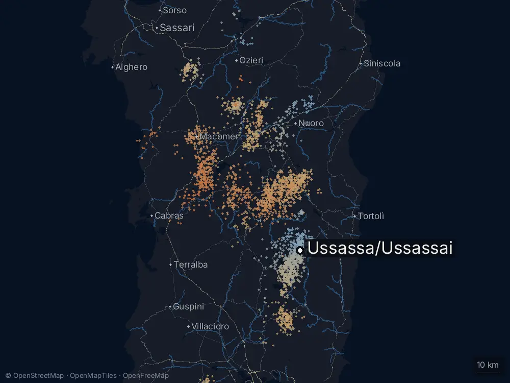 Karte der Blitze bei Ussassa/Ussassai am Donnerstag, 13. August 2026