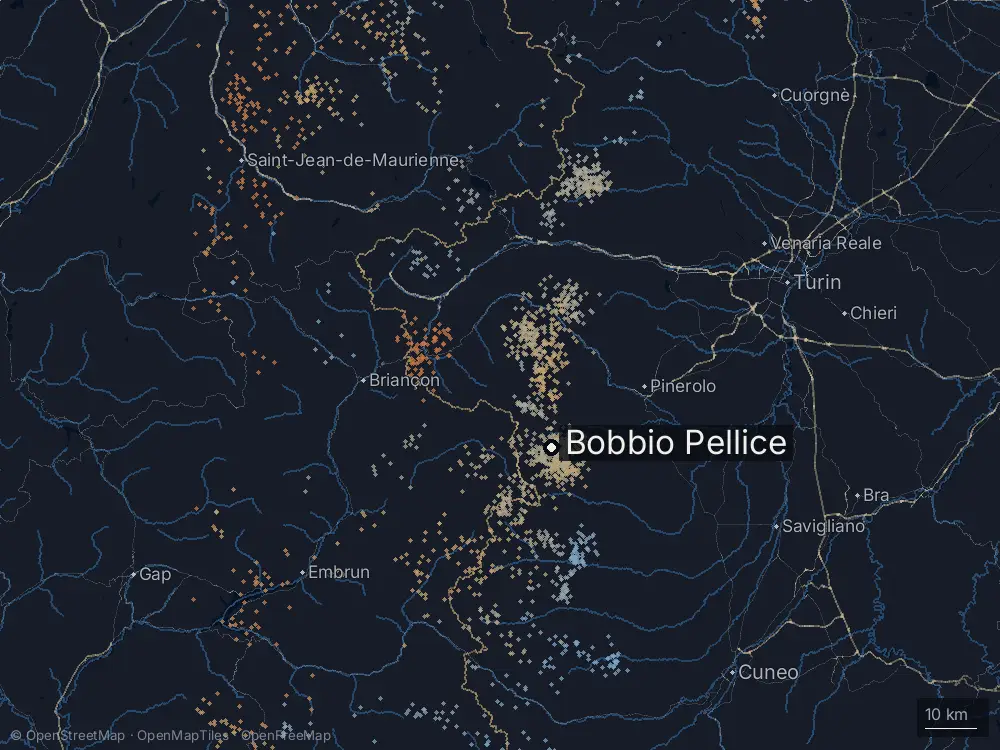 Karte der Blitze bei Bobbio Pellice am Freitag, 14. August 2026