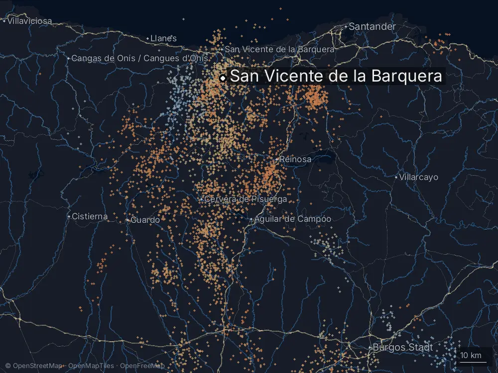 Karte der Blitze bei San Vicente de la Barquera am Freitag, 14. August 2026