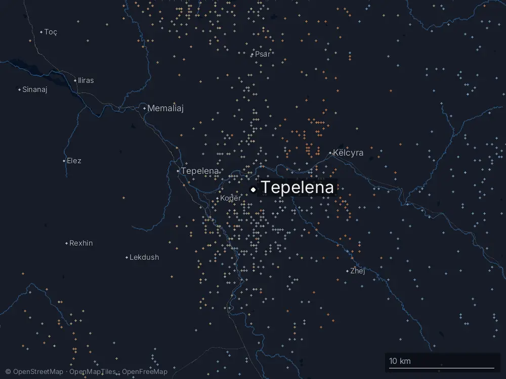 Karte der Blitze bei Tepelena am Freitag, 14. August 2026