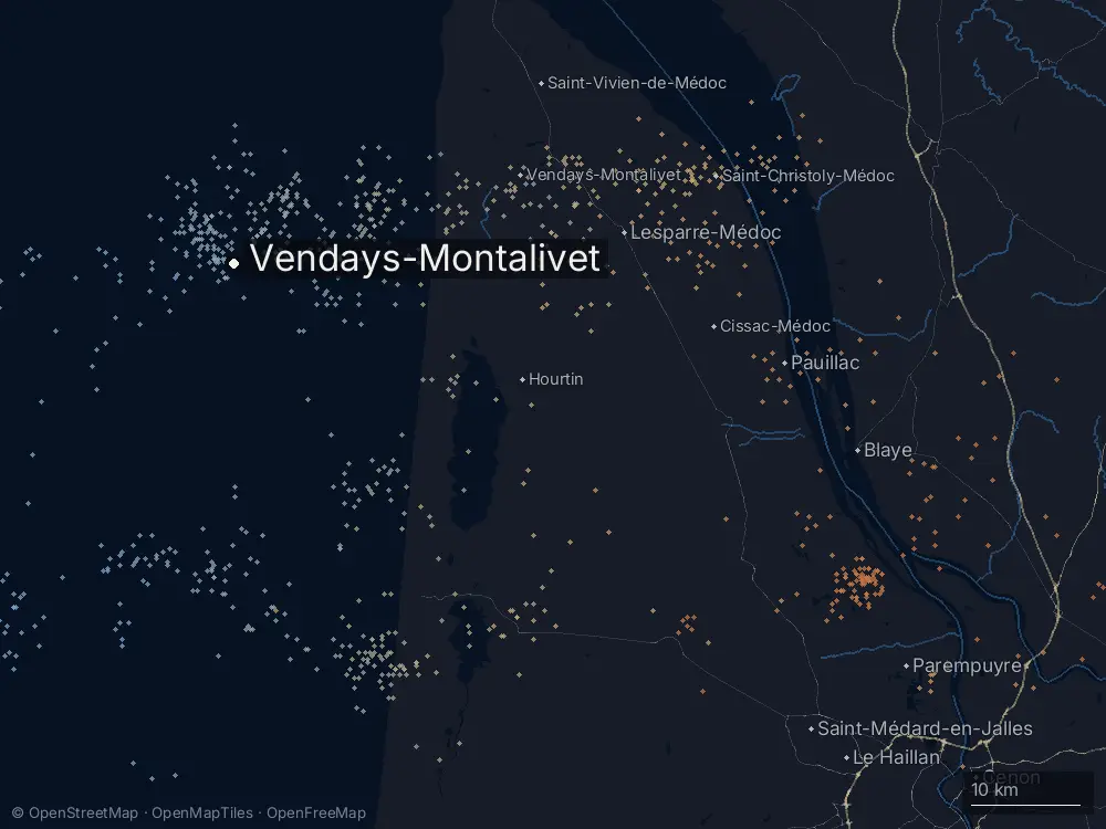 Karte der Blitze bei Vendays-Montalivet am Freitag, 14. August 2026