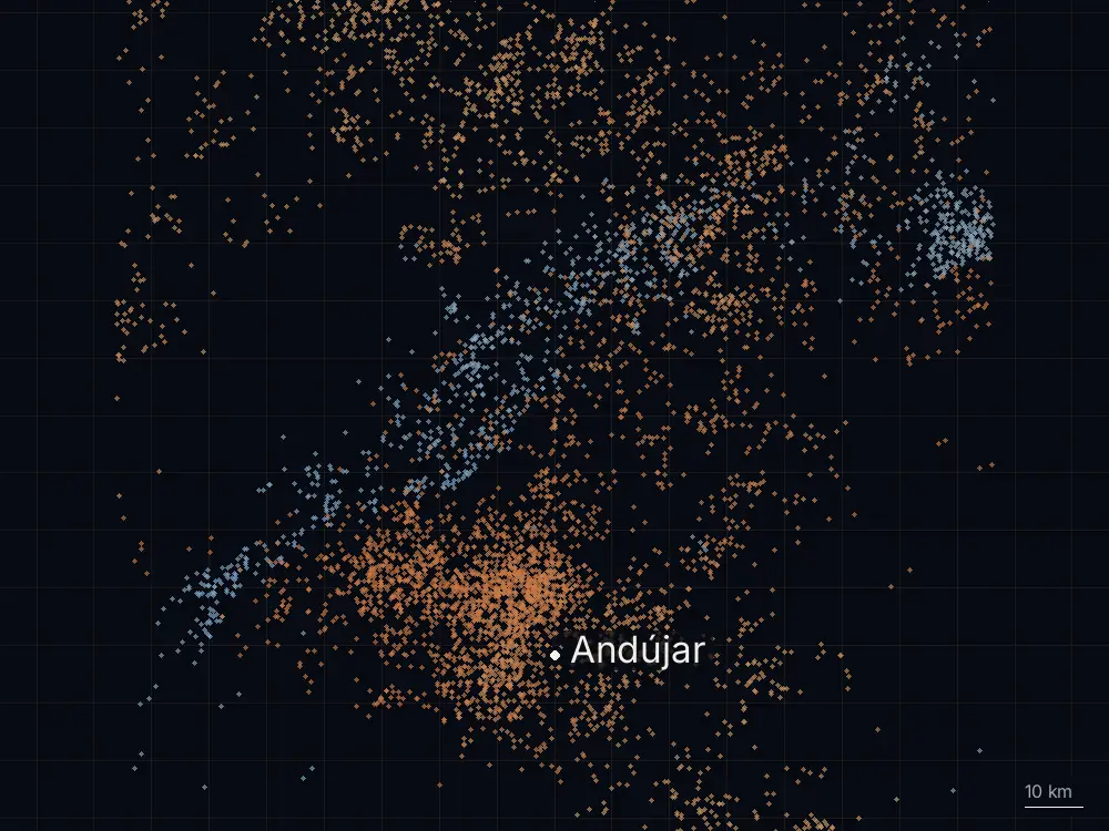 Karte der Blitze bei Andújar am Samstag, 15. August 2026