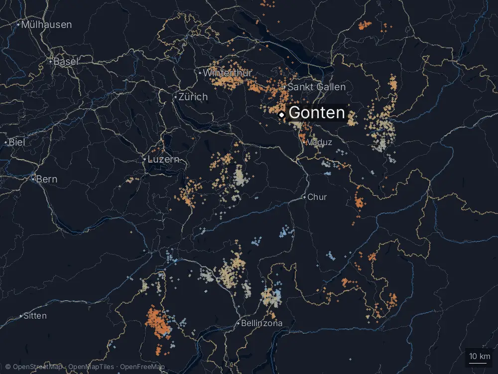 Karte der Blitze bei Gonten am Samstag, 15. August 2026
