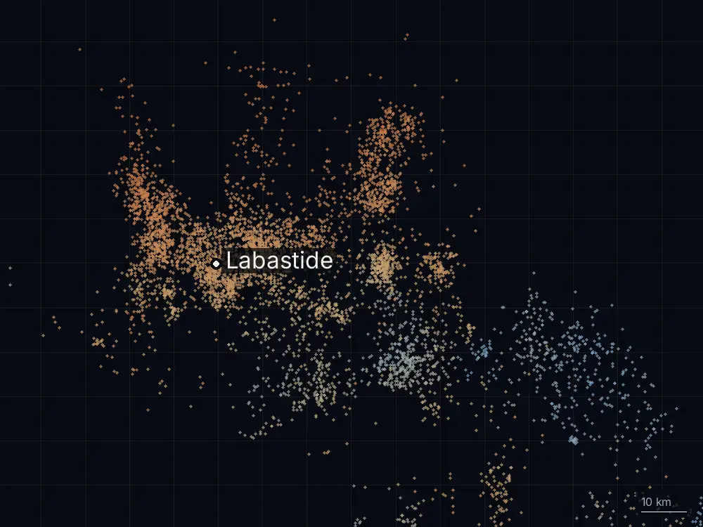 Karte der Blitze bei Labastide am Samstag, 15. August 2026