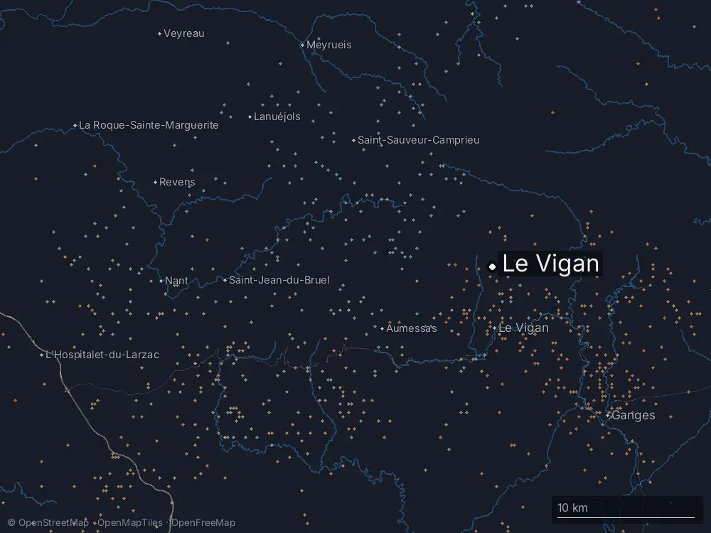 Karte der Blitze bei Le Vigan am Samstag, 15. August 2026