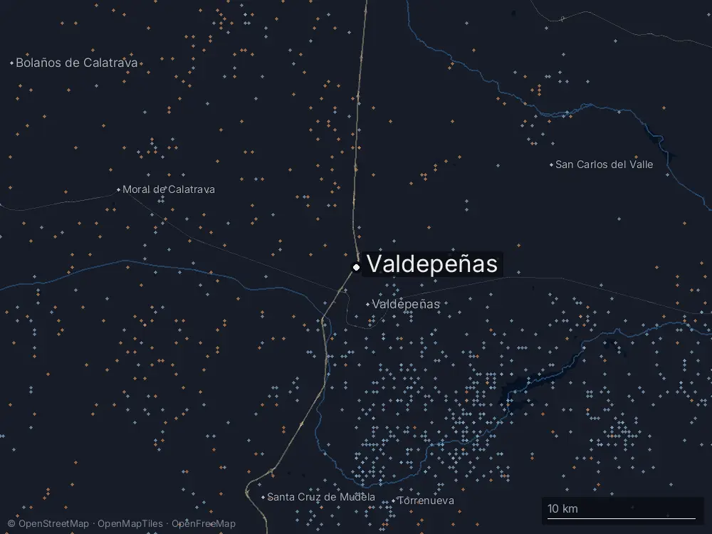 Karte der Blitze bei Valdepeñas am Samstag, 15. August 2026