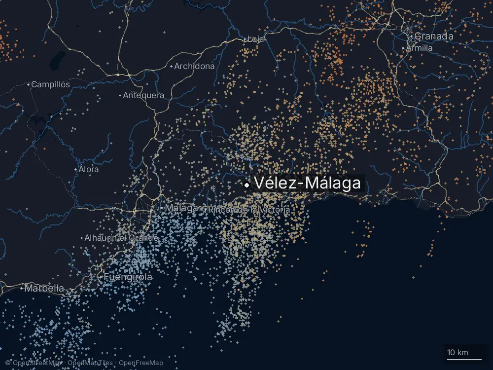 Karte der Blitze bei Vélez-Málaga am Samstag, 15. August 2026