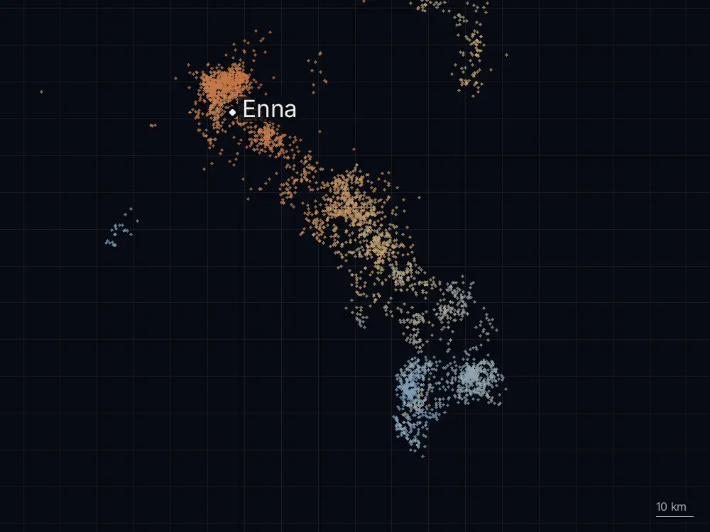 Karte der Blitze bei Enna am Sonntag, 16. August 2026