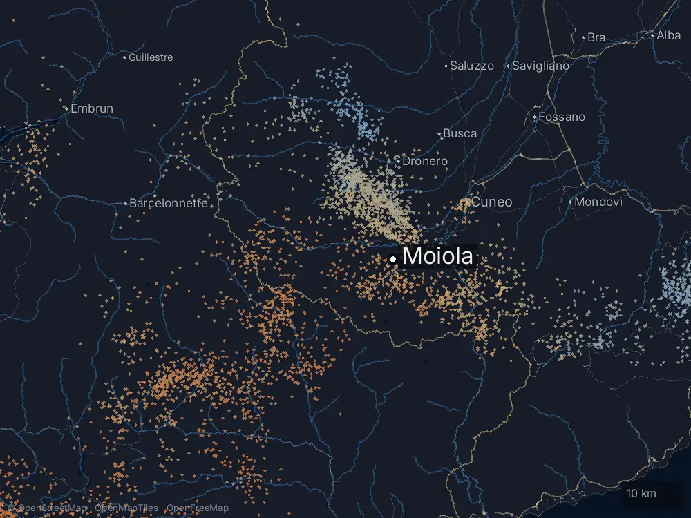 Karte der Blitze bei Moiola am Sonntag, 16. August 2026