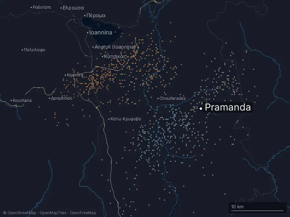 Karte der Blitze bei Pramanda am Sonntag, 16. August 2026