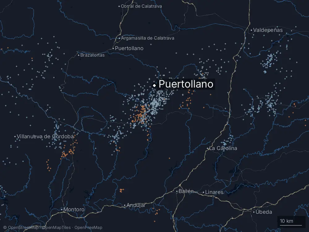 Karte der Blitze bei Puertollano am Sonntag, 16. August 2026