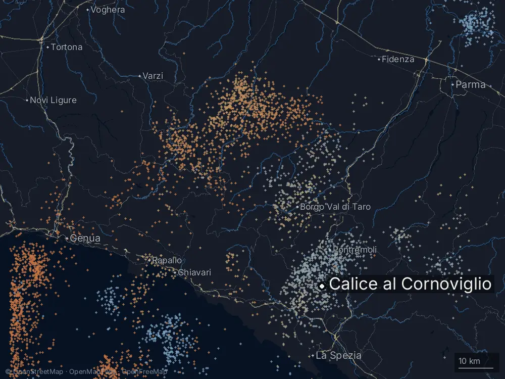 Karte der Blitze bei Calice al Cornoviglio am Montag, 17. August 2026