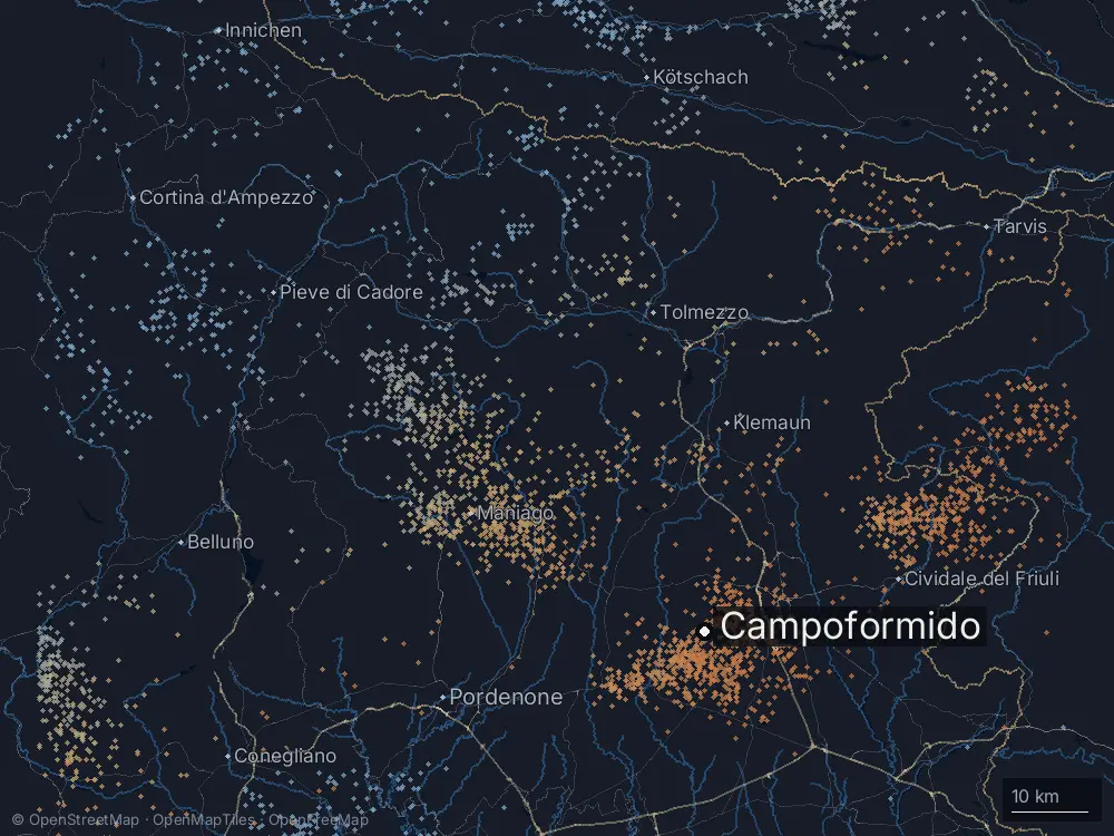 Karte der Blitze bei Campoformido am Montag, 17. August 2026