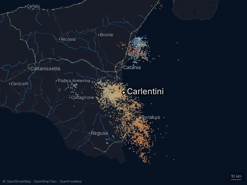 Karte der Blitze bei Carlentini am Montag, 17. August 2026