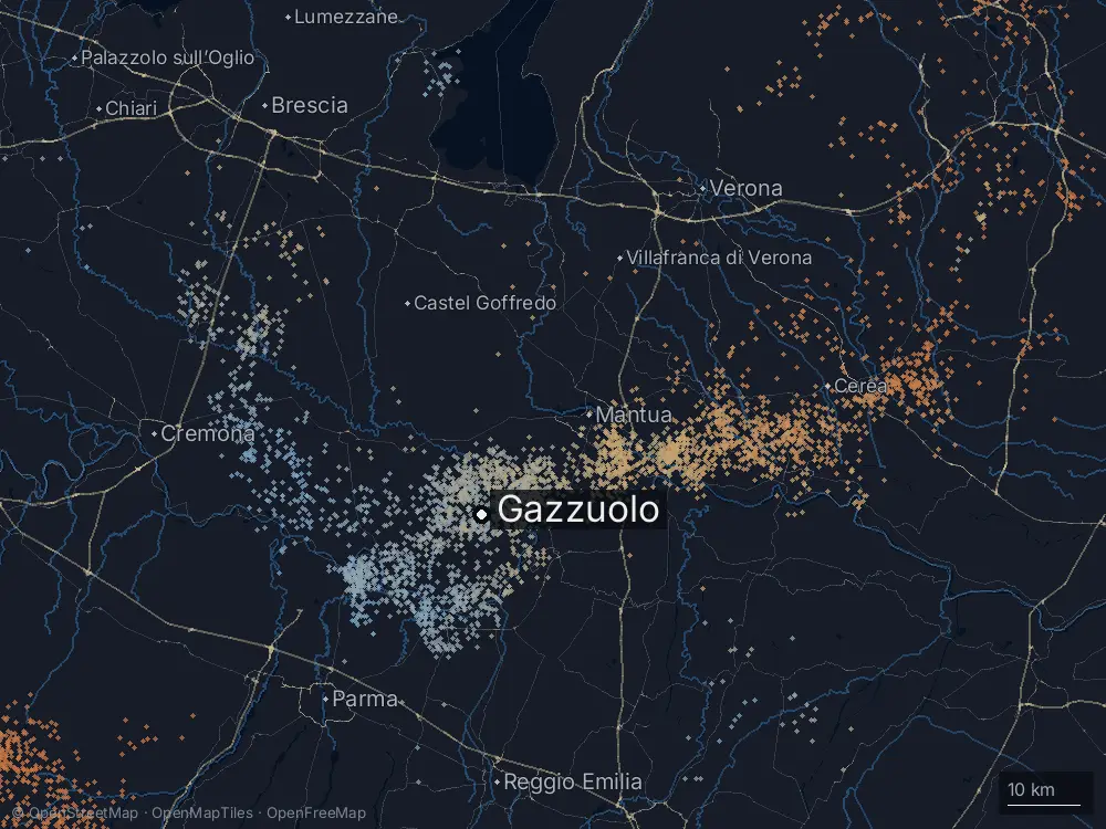 Karte der Blitze bei Gazzuolo am Montag, 17. August 2026