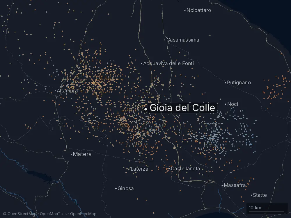 Karte der Blitze bei Gioia del Colle am Montag, 17. August 2026