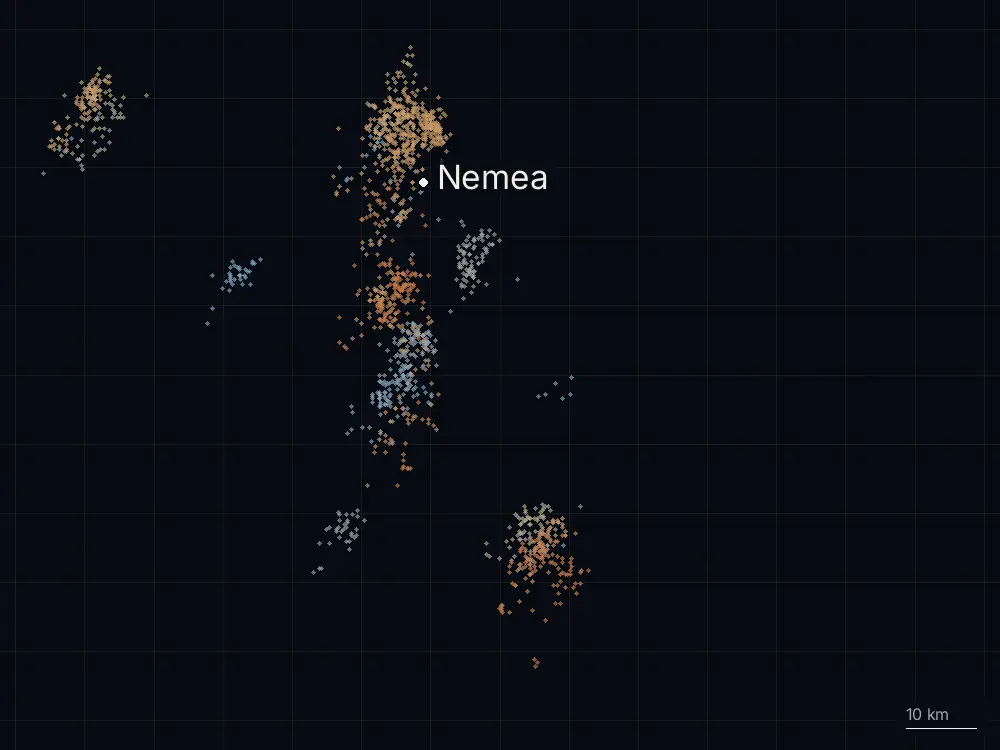 Karte der Blitze bei Nemea am Montag, 17. August 2026