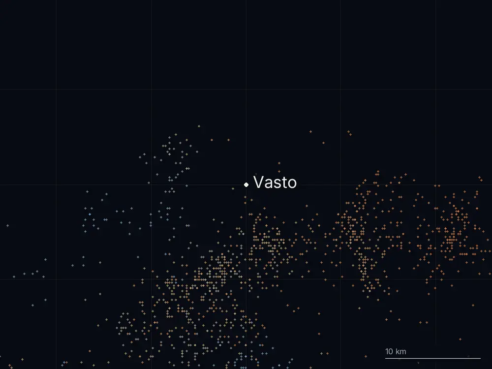 Karte der Blitze bei Vasto am Montag, 17. August 2026